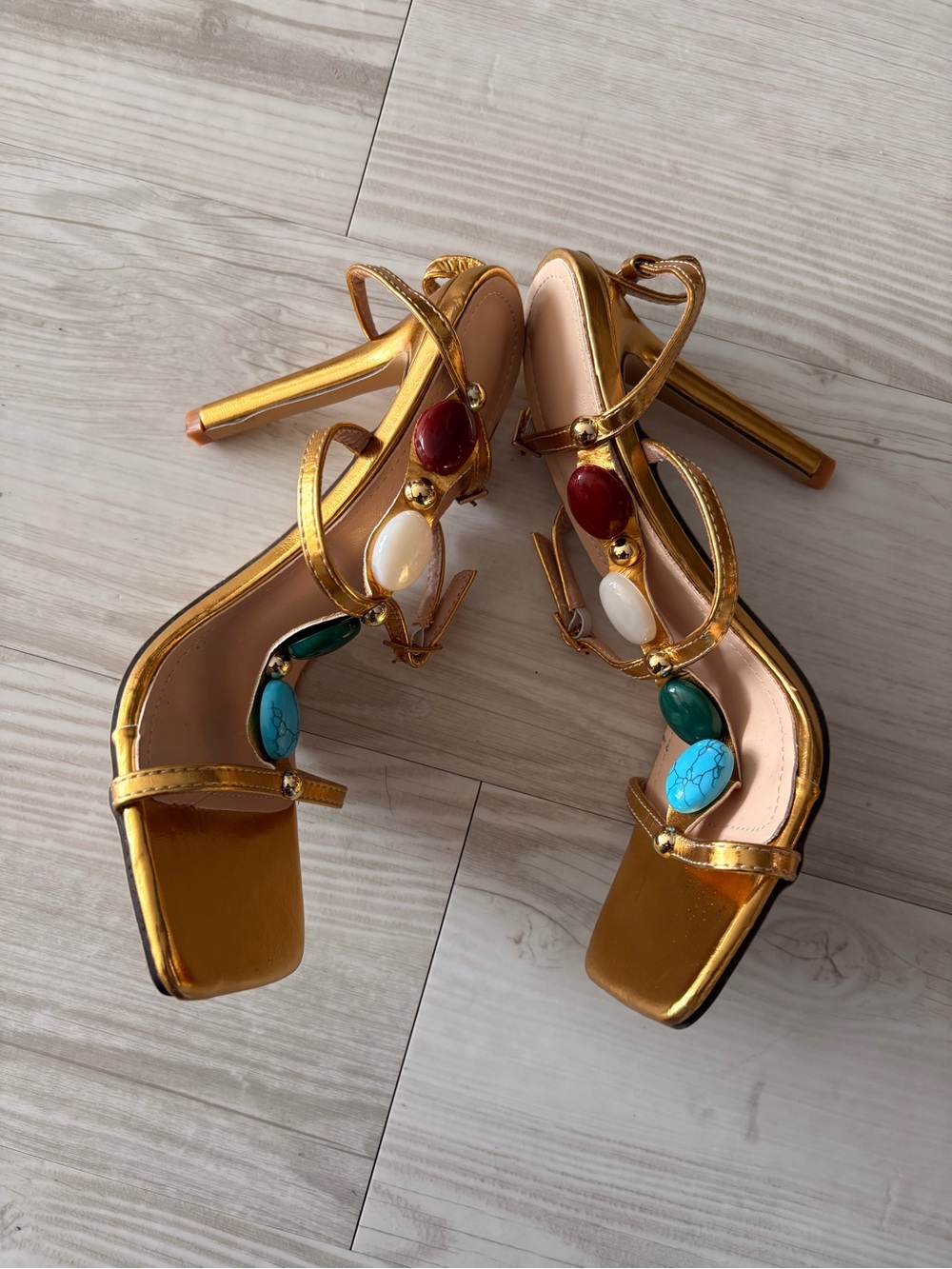 Gold Beaded Strappy Sandals - Women's Yellow Heels - Picture 3 of 3